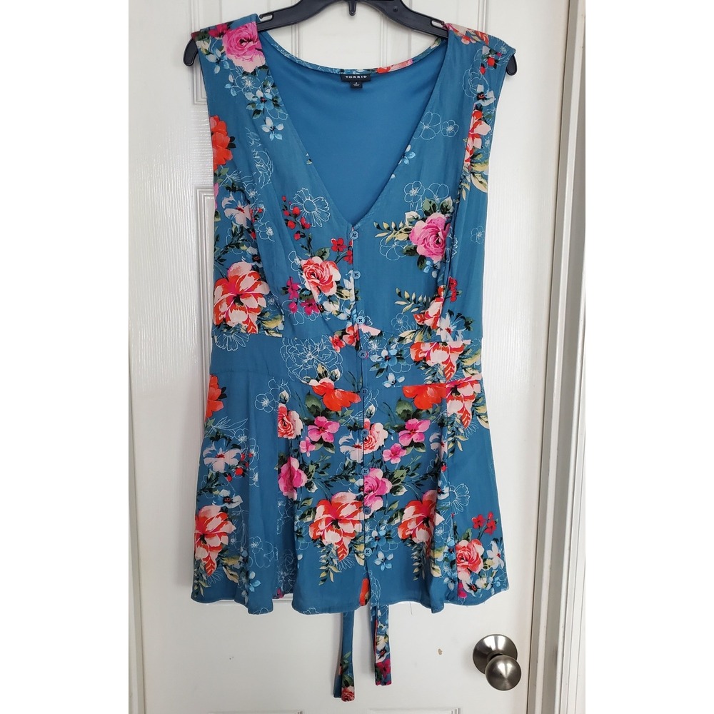 Torrid Floral Foxy Sleeveless Top Blue Pink Peplum Waist Tie Plus Size 4